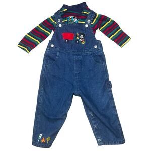 Vintage Disney  Embroidered bib overalls set Mickey Pluto primary color 12mo